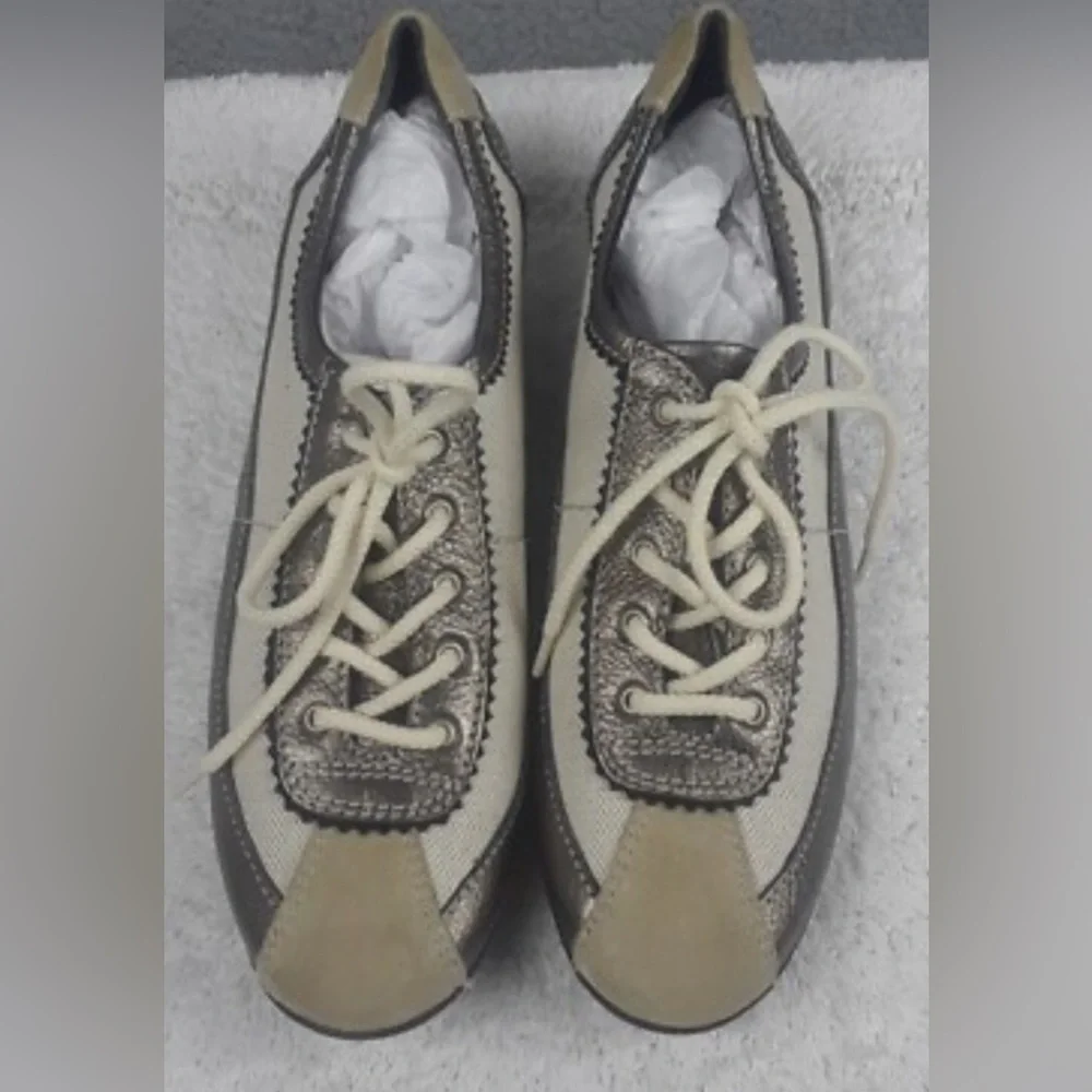 St. John Metallic Leather Beige/Cream Canvas Detail Sneakers Like New